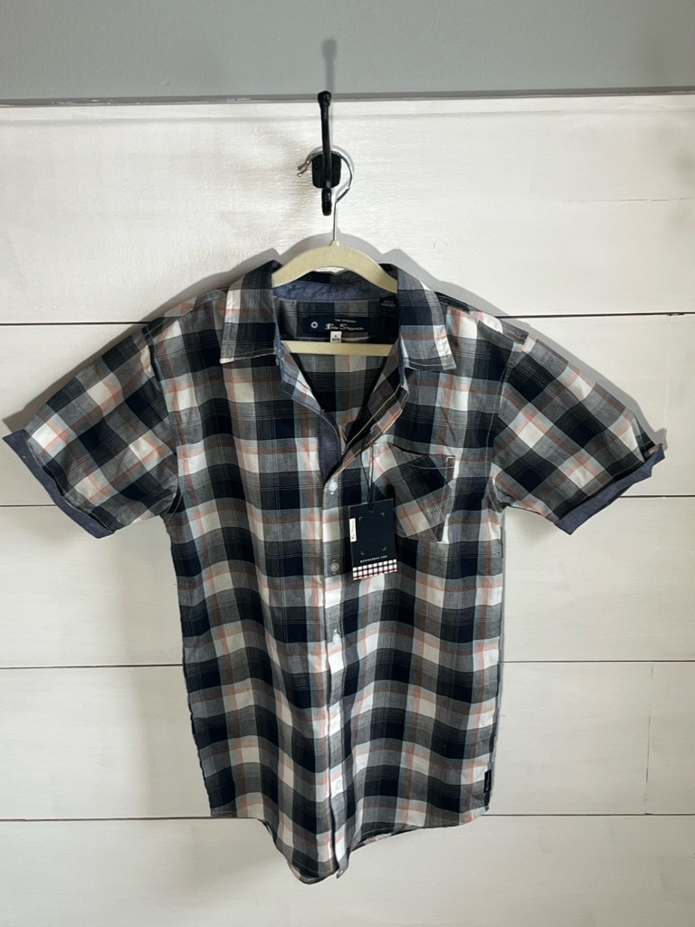 Ben Sherman Short-Sleeve Plaid Button-Down Shirt in Black, Gray & Cream